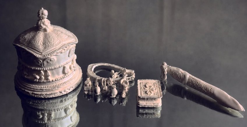 The 3D-printed objects against an AI-generated background